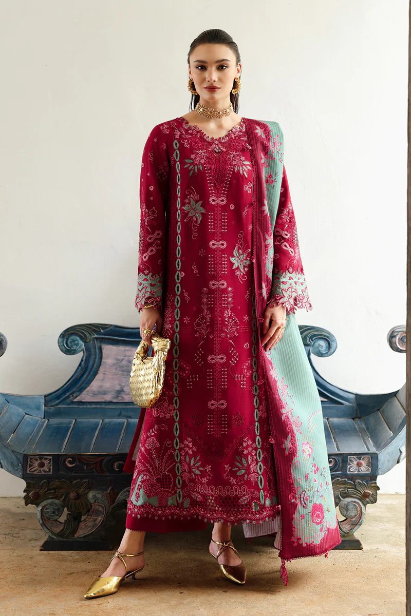 fitted lace wedding dress Qalamkar Luxury Embroidered Lawn 3pc with Embroidered Organza Dupatta – Gul  Attire main image 0